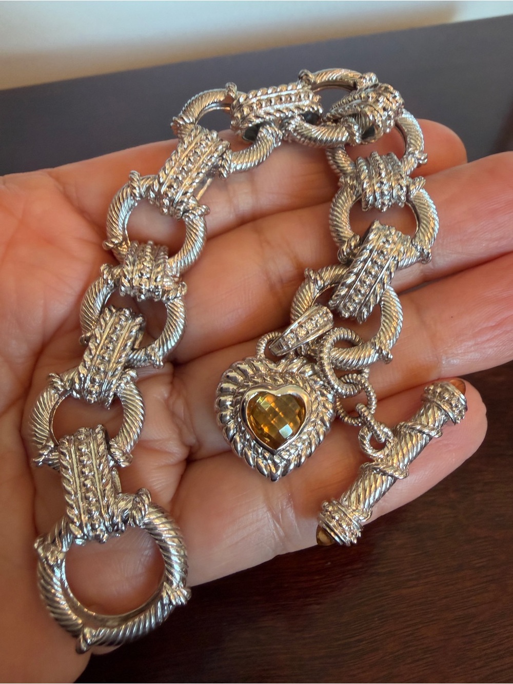 JUDITH RIPKA STERLING SILVER BRACELET, CITRINE heart charm CABOCHONS IN TOGGLE